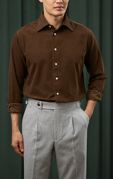 Dark Brown - Italian Spread Collar - Corduroy